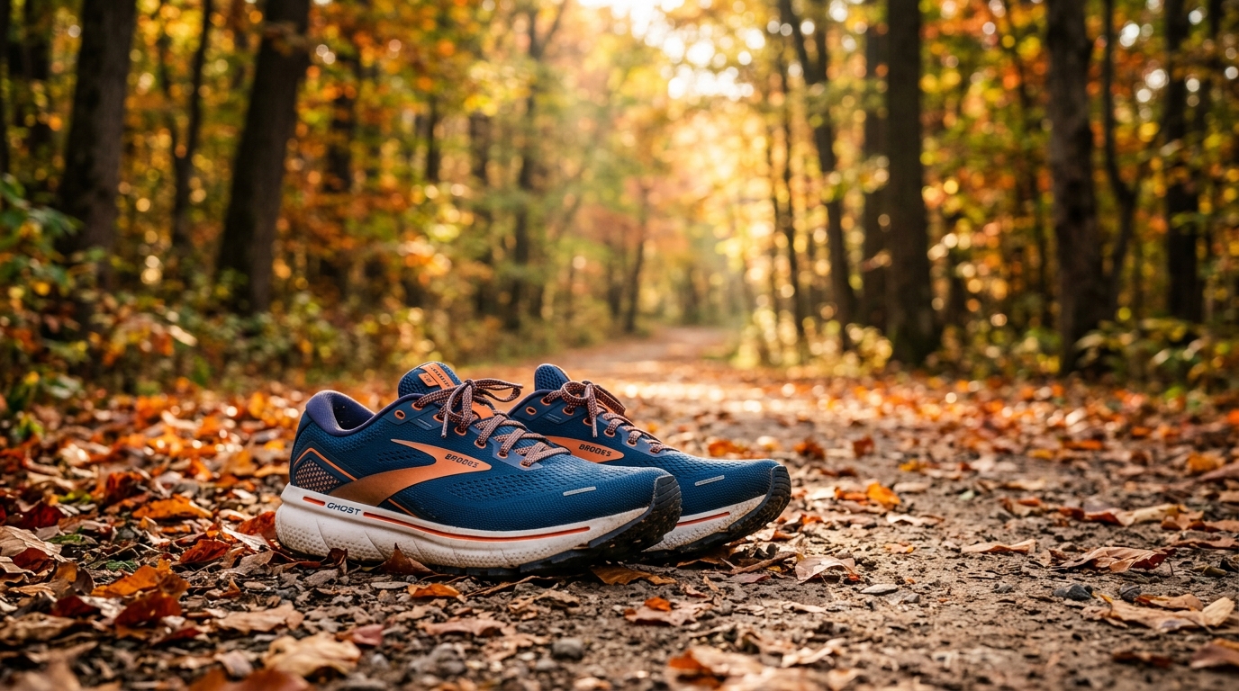 Běžecká obuv na parkové cestě v ranním slunci