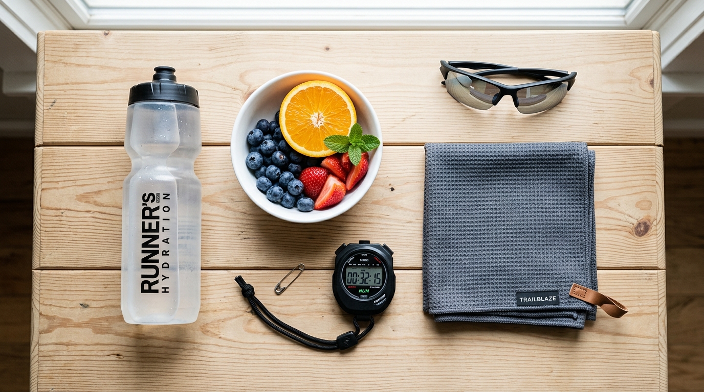 Běžecké potřeby na dřevěném stole — voda, ovoce, stopky