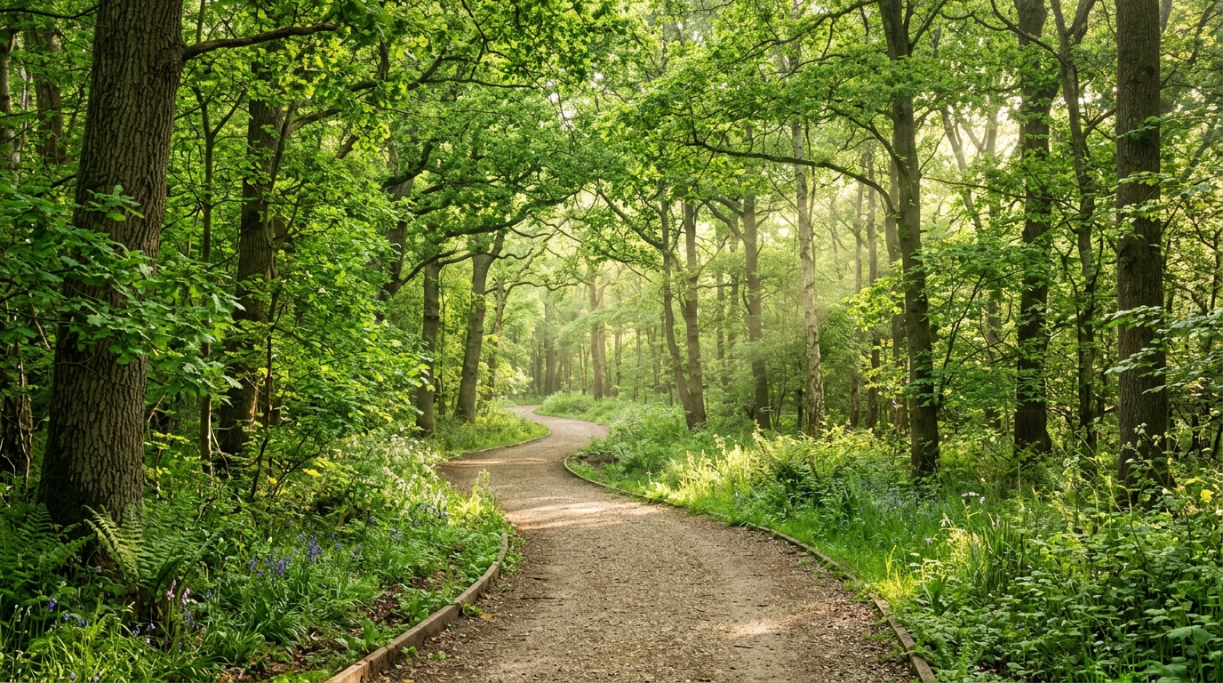 Klidná parková cesta lemovaná stromy v ranním světle